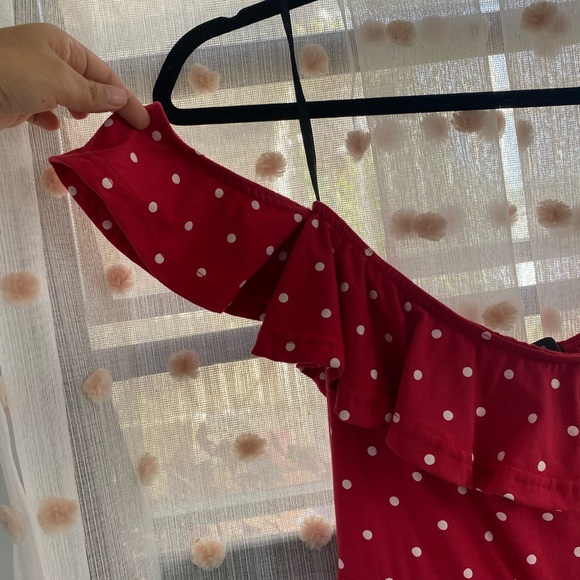 Red Polka Dot Bardot Culotte Jumpsuit - Picture 3 of 6